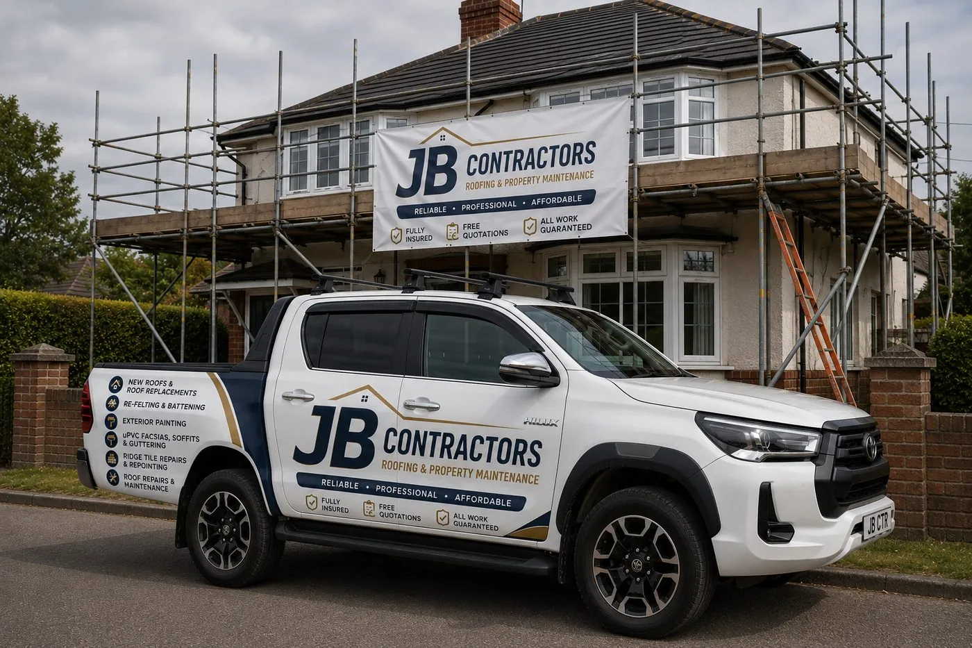 Liskeard Roofing pickup truck on site at a scaffolded roofing job in Liskeard